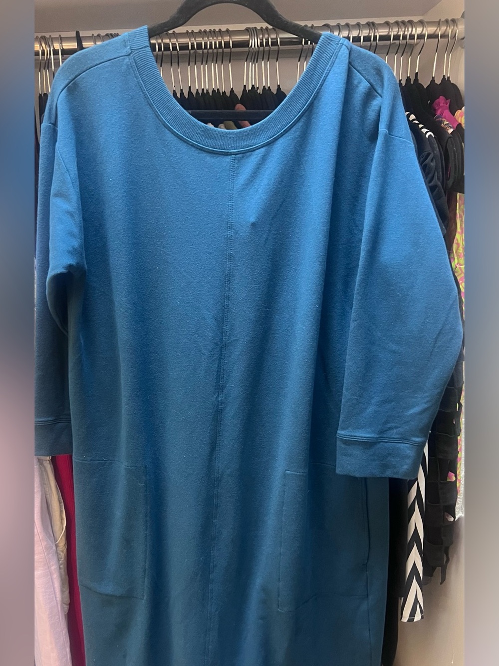 J Jill Fit, NWT, Teal Blue Midi Sweatshirt Dress with Pockets & Cross back